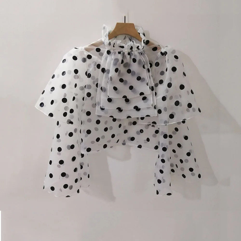 Elegant Women Spring Stand Collar Short Blouse Polka Dots See Through Shirt Summer Sunscreen Tops Loose Female Pullover - 4.00067E+12