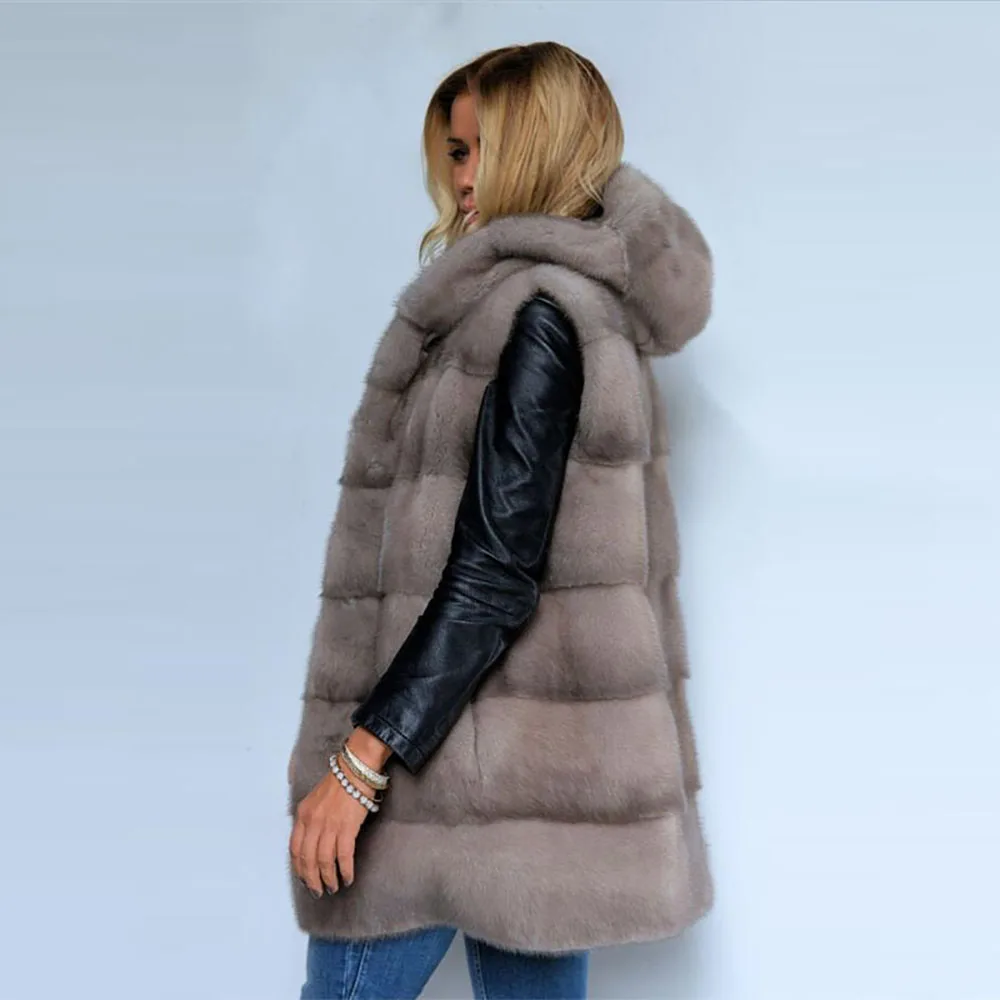Warm Real Mink Fur Coat Women Winter Gilet Vest Wrap Cloak With hood NEW Jacket Overcoat Female Ladies Fashion Furs Jacket