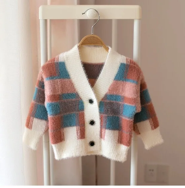 Caramel color Ins/кардиган с треугольным вырезом для мальчиков, осень г. модный детский тренд для девочек, свитер с имитацией норки в стиле пэчворк Детское пальто TP19043 - Цвет: Caramel color