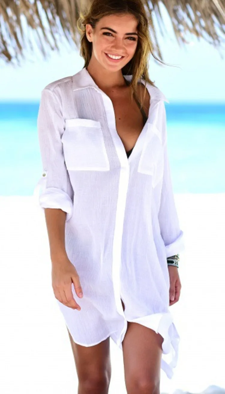 Повседневное летнее пляжное платье с v-образным вырезом и коротким рукавом размера плюс, женская пляжная одежда, Белая Туника, сексуальное открытое мини-платье