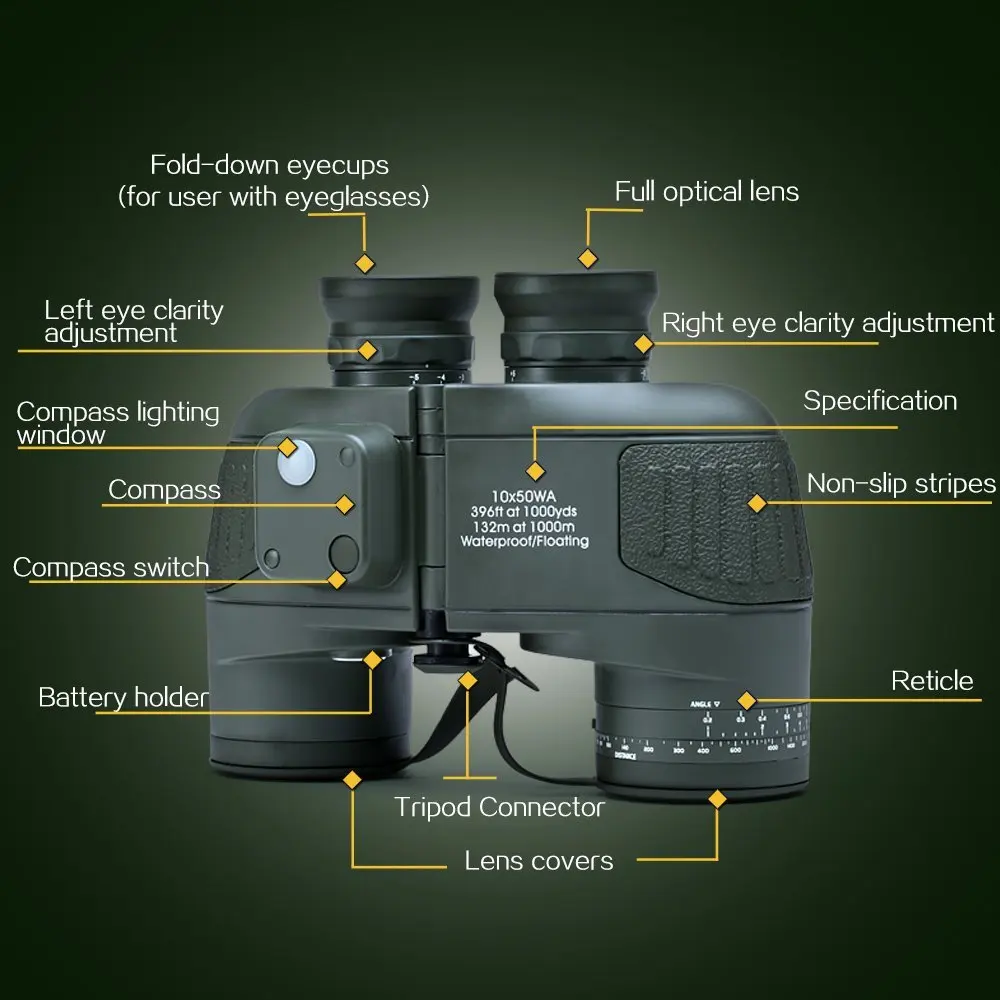 10x50 marinha telescópio binocular com rangefinder e