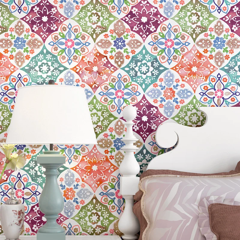 Imitation ceramic tile wallpaper Bohemian national style Mediterranean style living room bedroom TV background wallpaper