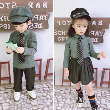 

Boys and Girls Suits College Necktie Shirt and Skirt Pants Two Pieces Sets 2020 Autumn New Sister-Brother Cotton Clothes Sets