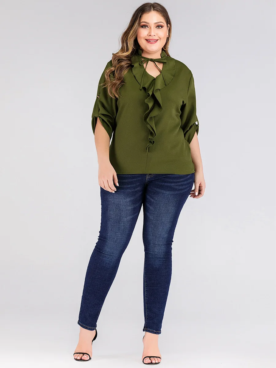 fashion summer plus size tops for women blouse large short sleeve casual loose lace V neck shirt army green 4XL 5XL 6XL 7XL