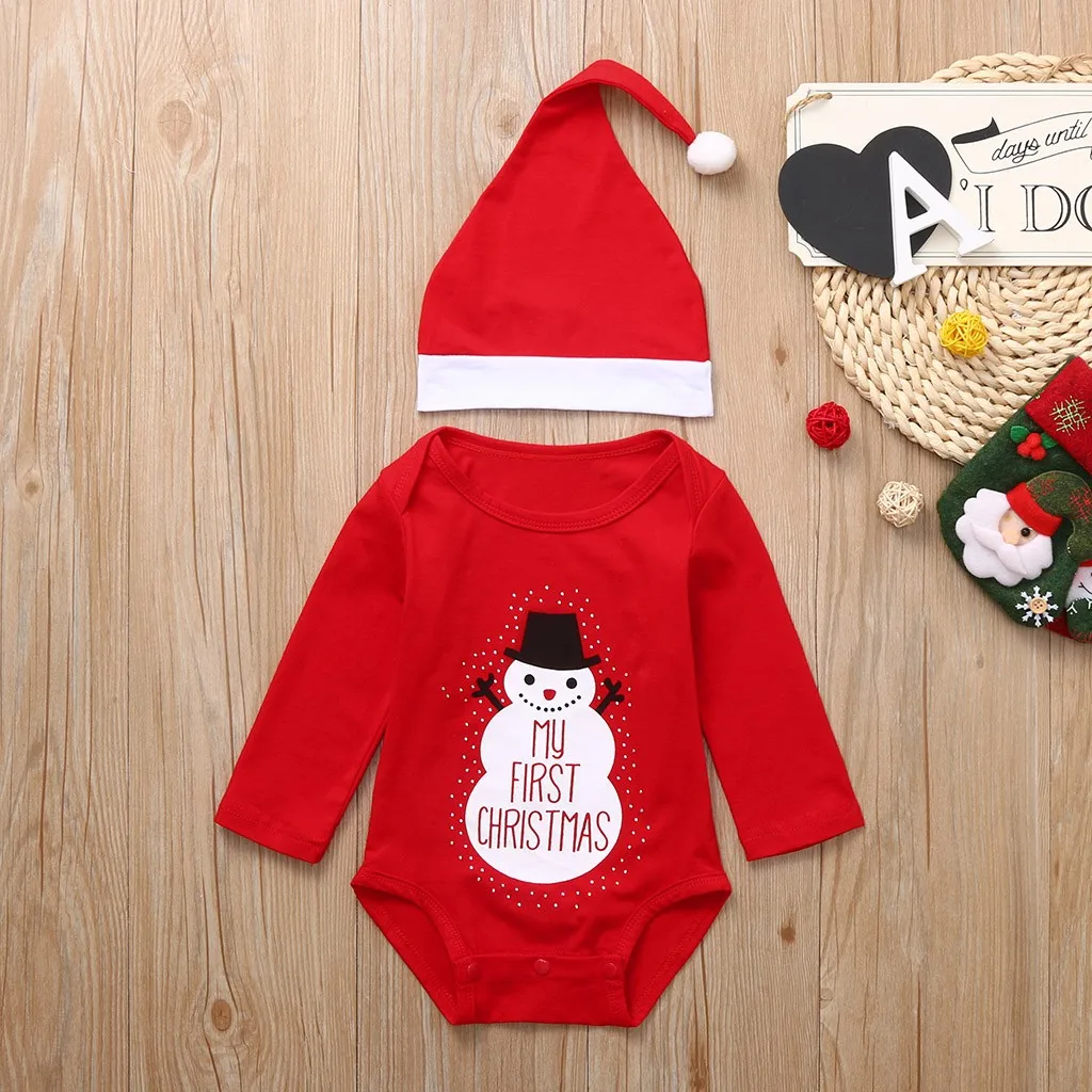 2PCS Christmas Toddler Baby Cartoon Snowman Letter Print Romper Hat Set Outfit My First Bodysuit |
