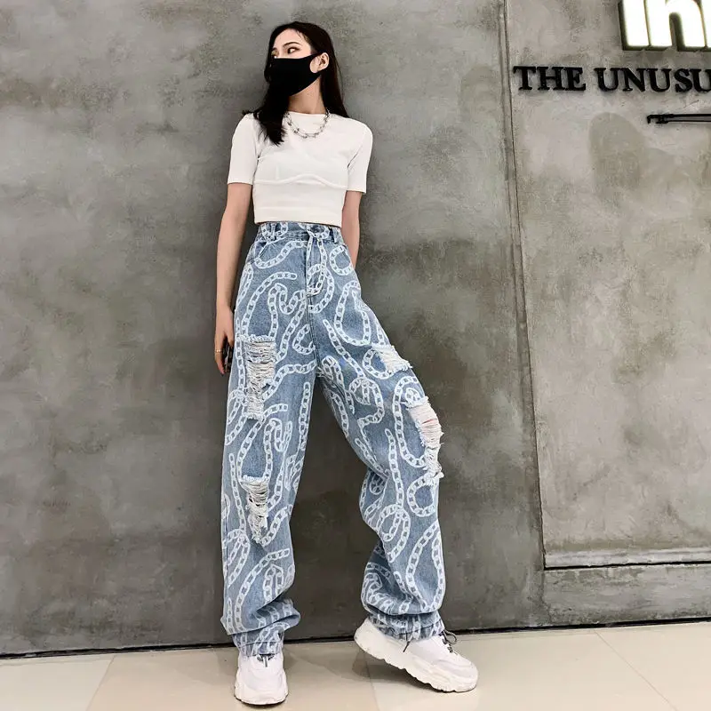 HOUZHOU Woman Jeans Plus Size High Waist Wide Leg Jeans for Women 2020 Summer Hole Streetwear Hip Hop Vintage Jeans Women