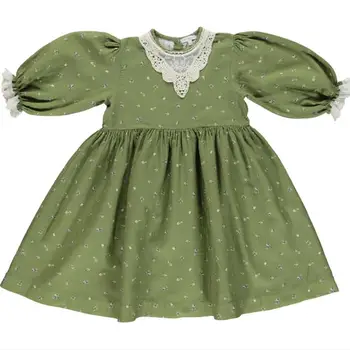 

Vintage Spanish baby girl floral dress kids puff sleeve printed lace stitching cotton princess dress