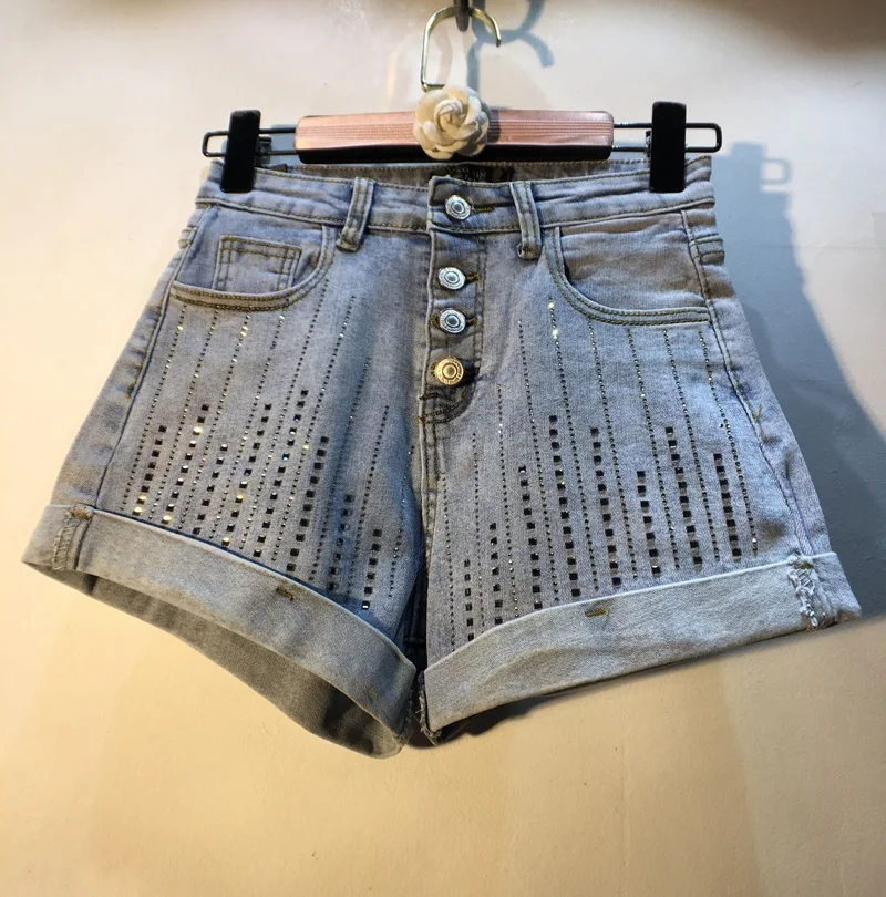 

Harajuku Single-breasted Jeans Hot Pants Women Summer Wear New Vertical Rhinestones High Waist Elastic Wide Leg Jeans Shorts