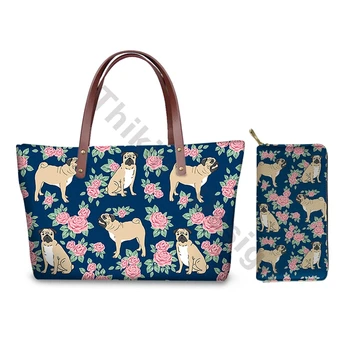 

Retro Tote Bags For Women Cartoon Pug Dog Floral Design Ladies Hand Bags Fashion Purses And Handbags For Custom Borse Da Donna