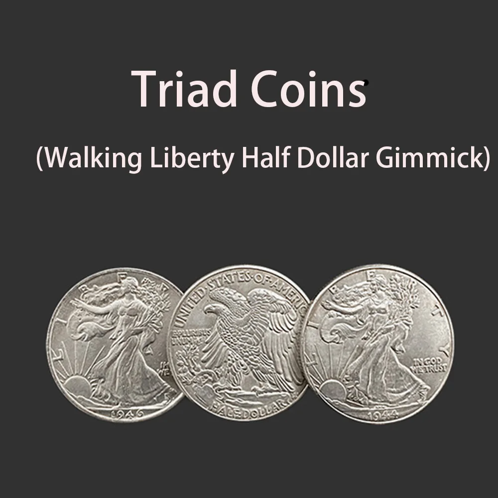 Triad Coins (Walking Liberty Half Dollar Gimmick) Magic Tricks Close Up Magia Illusion Produce Vanish Change Three Coin Magie plastic three cups three balls in gold color small magic tricks close up magia ball appear vanish magie illusion gimmick props