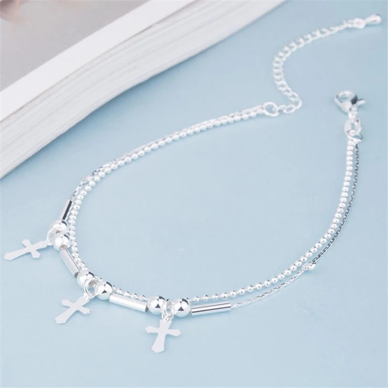 Anklet bracelets silver anklets ankle chain 925 Sterling Silver Anklets For Women Cross Double Chain Ankles Chain Bracelets Lady Birthday Gifts