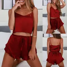 

2Pcs Sexy Pajama Set Women Solid Color Satin Silk Spaghetti Strap Top Hot Shorts Pajama Women Sleepwear Nightwear Femme Pijamas