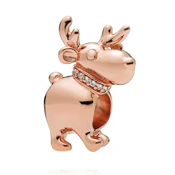 

New 925 Sterling Silver Beads Animal Charms Fit Original Pandora Bracelet Rosegold Inlay CZ Happy Elk Reindeer Charm DIY Jewelry