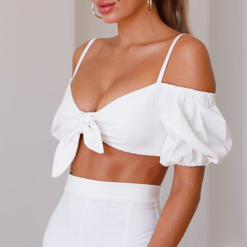 V Collar with Short Sleeve Chiffon Sling Vest Halter Bow Blouse Puff Sleeve Women's Wear Summer Belly Corp Tank Top Fashion Vest
