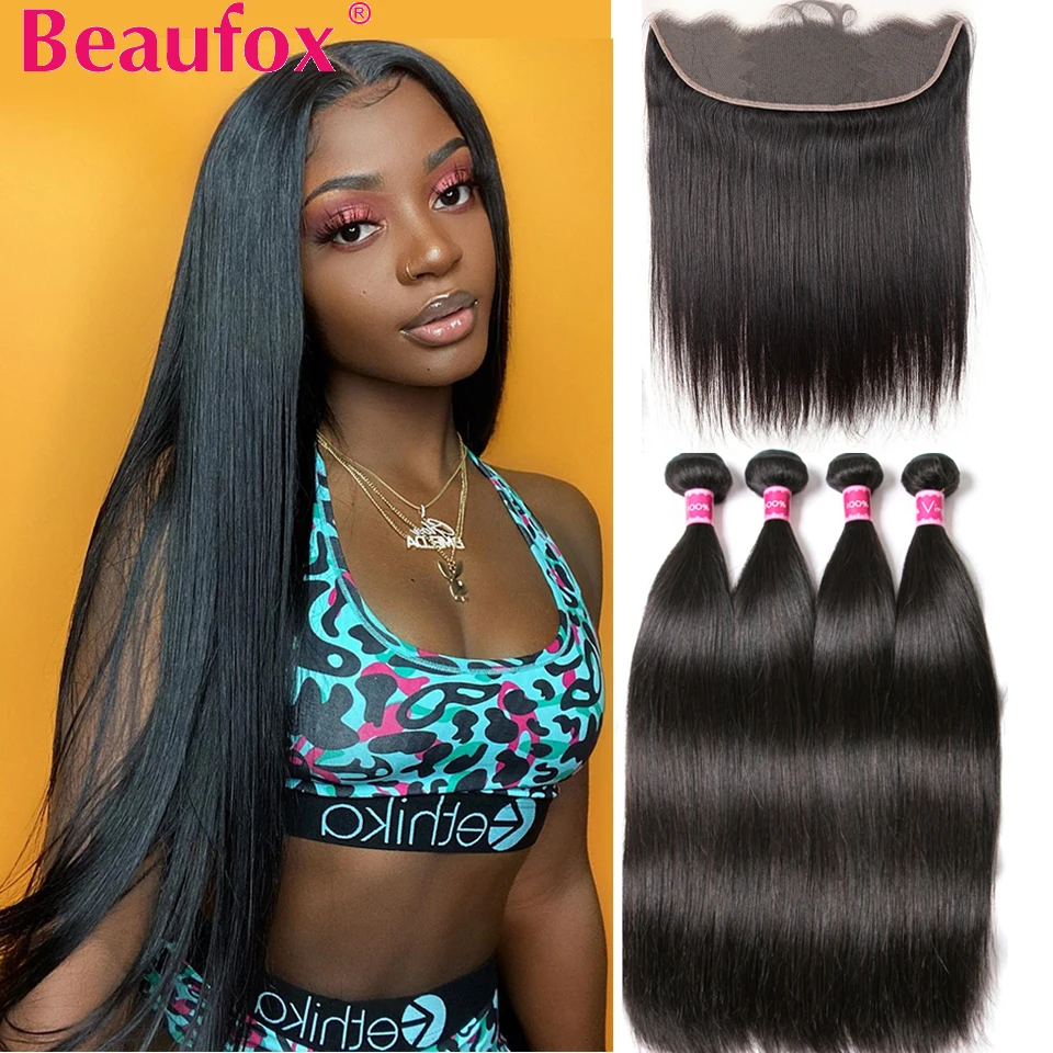 Beaufox pelo recto mechones con Frontal brasileño extensiones de pelo ondulado mechones con cierre Frontal Remy del pelo humano paquete con cierre