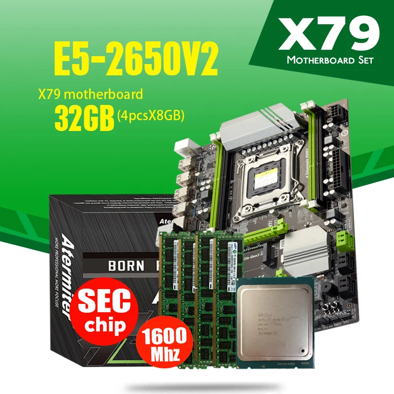 Atermiter X79T X79 Turbo материнская плата LGA2011 ATX combos E5 2650 V2 CPU 4 шт. x 8 ГБ = 32 ГБ DDR3 RAM 1600 МГц PC3 12800R M.2|Материнские платы| | АлиЭкспресс