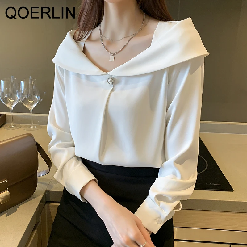 QOERLIN Off Shoulder White Chiffon Blouse Women Elegant OL Workwear Black Loose Casual Long Sleeve Spring Fall Office Shirts