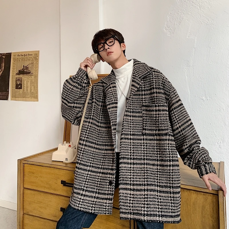 brown Men's Worsted Woollen Blends Loose Cashmere Jacket Long Male Wool Trench Overcoat Loose Cotton-padded Clothes Coats M-XL - Цвет: brown
