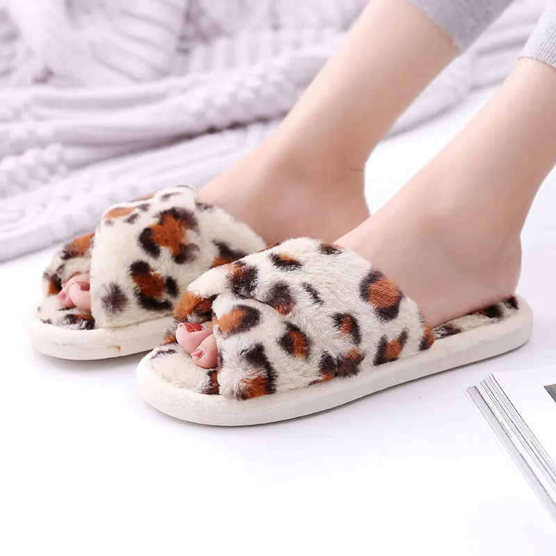 Beige Leopard Non-slip Faux Fur Winter Women Slippers Home Female Comfort Floor Women Shoes Cotton Ladies Indoor Slippers Plush Slipper Unisex - Цвет: Beige Leopard