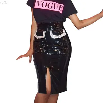 

Korean Style Womens Clothing Solid Color High Waist Pu Leather Skirts Sexy Open Fork Straight Knee Length Night Clubwear Skirts