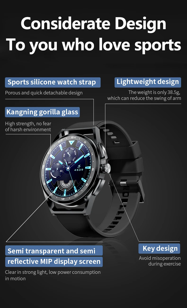 H8S Smart Watch Heart Rate Blood Pressure Health Monitoring Men Bluetooth Call Music Fitness Tracker Sport Smartwatch