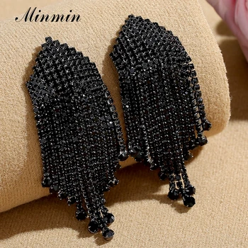 

Minmin Statement Vintage Black Rhinestone Large Tassel Earrings for Women Punk Geometric Big Drop Earrings Korean Jewelry EH1375