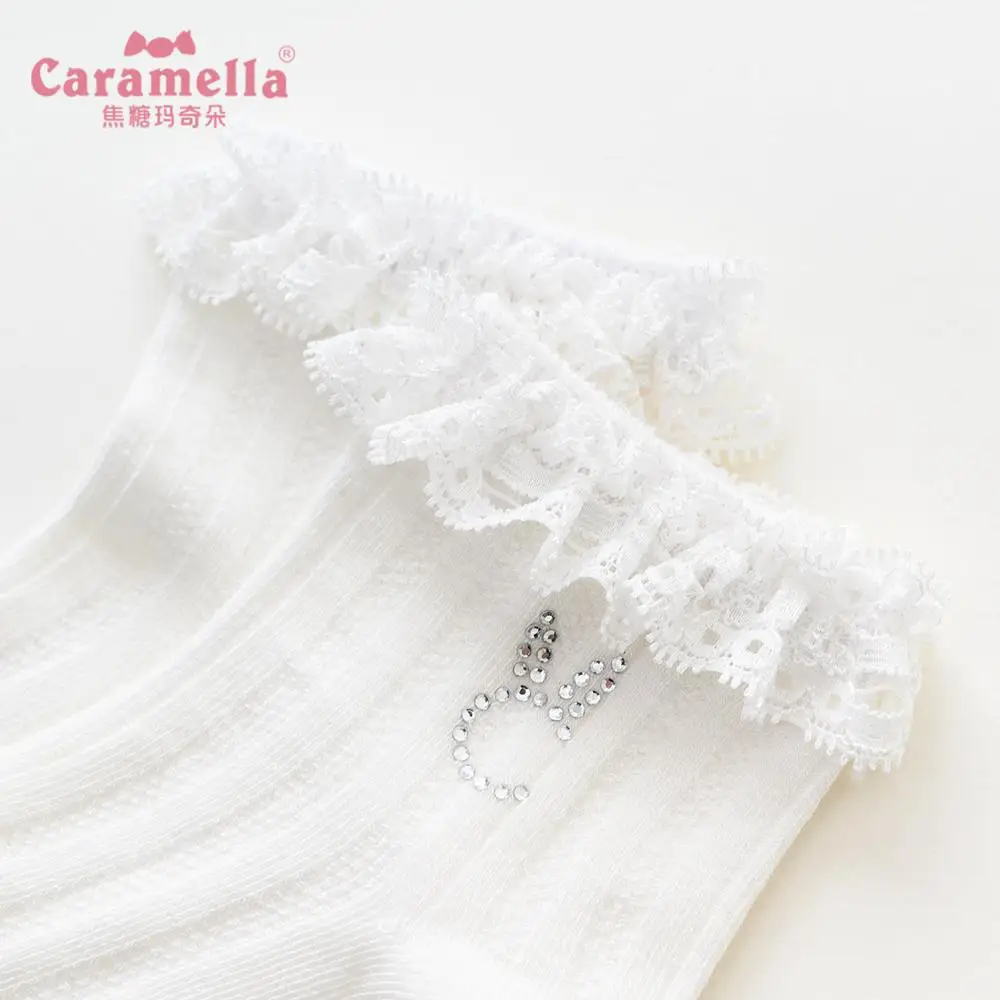 Caramella/3 пары модных коротких детских носков носки для девочек с кружевным рантом и стразами Детские Чулочные изделия принцессы с золотым металлическим сердцем и жемчугом
