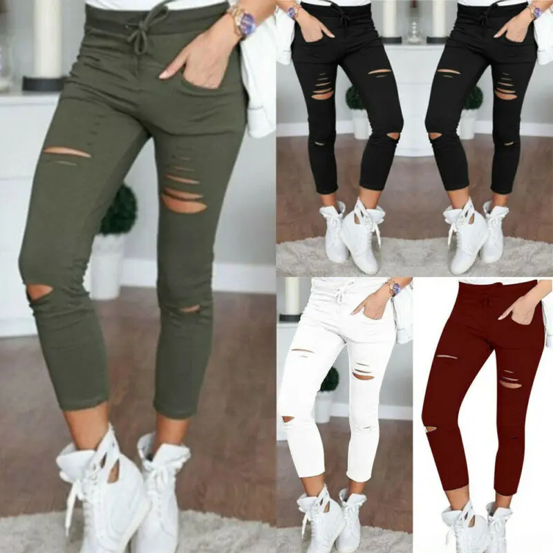 Women Skinny Ripped Long Pants High Waist Stretch Jeans Pants Elastic Waist Drawstring Pencil Trousers BlackWine Wine Red