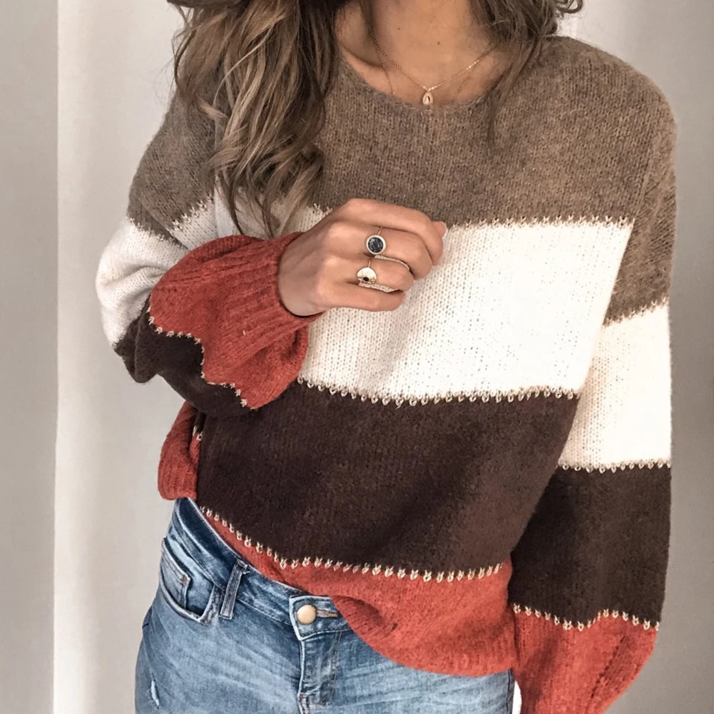 Women's Fashion Winter Knit Sweater Loose Fit Striped Pattern Round Neck Pullover Knitwear Winter Warm Stitching Color Sweater Women's Fashion Winter Knit Sweater Loose Fit Striped Pattern Round Neck Pullover Knitwear Winter Warm Stitching Color Sweater