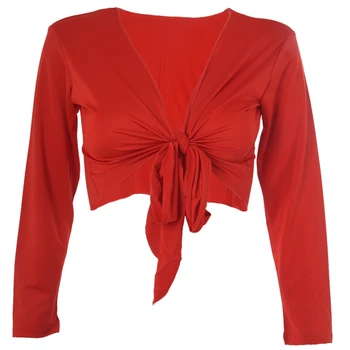 

LADIES LONG SLEEVE TIE UP CROP SHRUG WOMENS WRAP BOLERO CARDIGAN TOP - Red