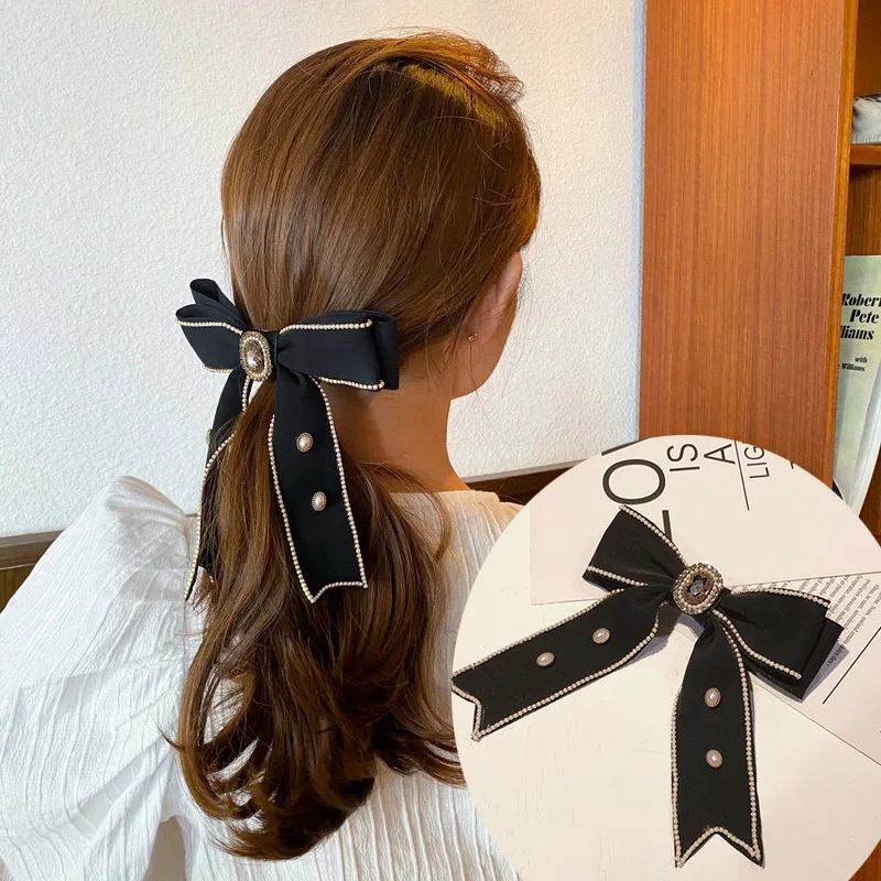 Korean Elegant Ribbon Velvet Bow Hairpins Fabric Hair Clips Crystal Chain Barrettes Women Hairgrips Headpiece Hair Accessories