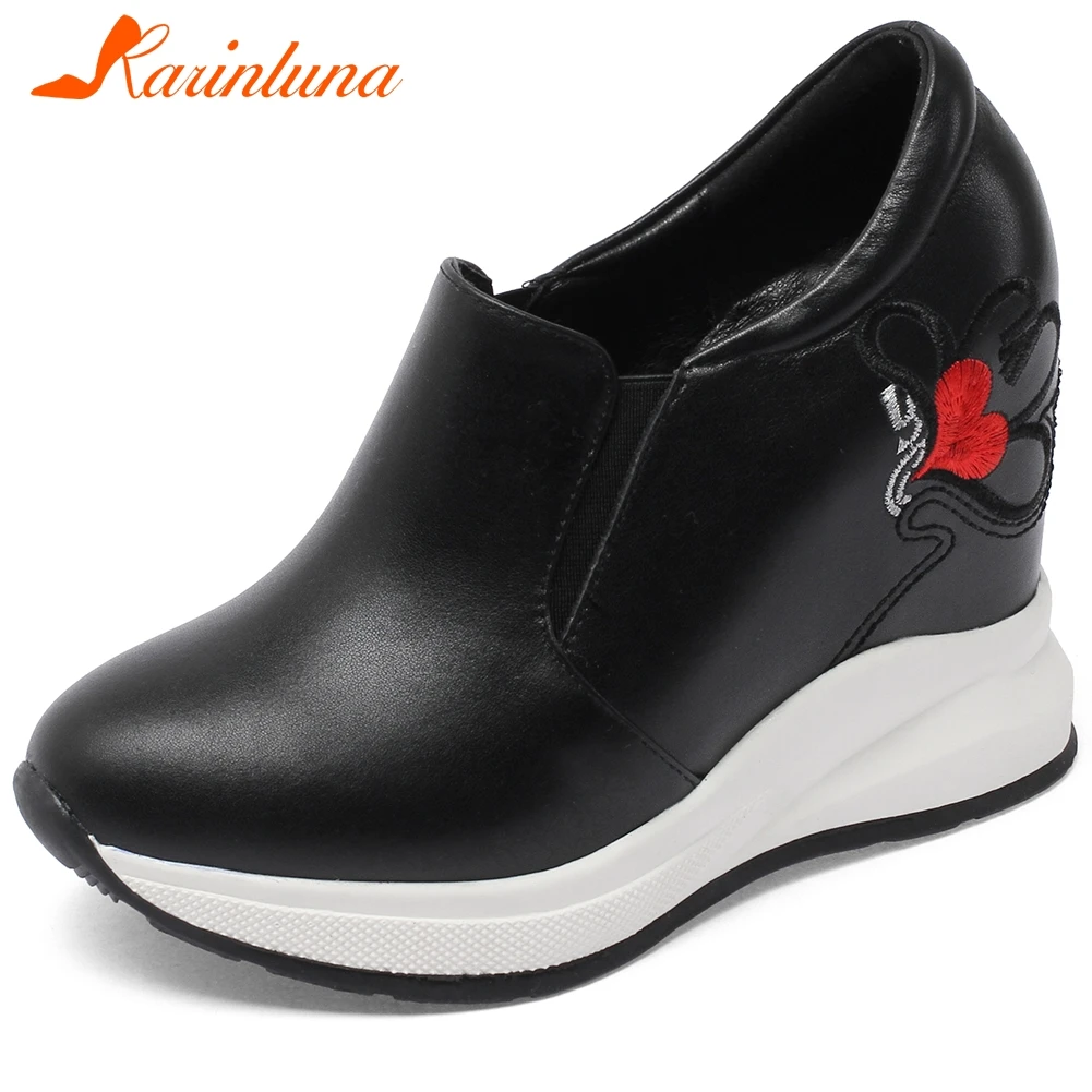

Karinluna 2020 Fashion New Genuine Cow Leather Pumps Woman Shoes Increasing High Heels Slip-On Comfortable Shoes Women Pumps