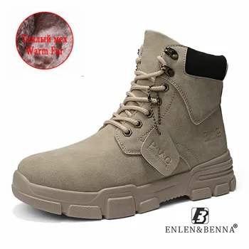 

High Top Men Boots Leather Waterproof Military Boots Lace Up Winter Plush Ankle Lightweight New Men Shoes Outdoor Zapato Hombre