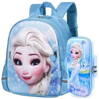 

Blue 3D Elsa Princess Girls Backpack Children School Bags With Mask Pencil Case Set for Kids Kindergarten Preschool School Bag