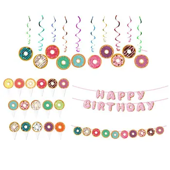 

1 Set of Birthday Party Banners Toppers Donut Pattern String Flags Kit Decor