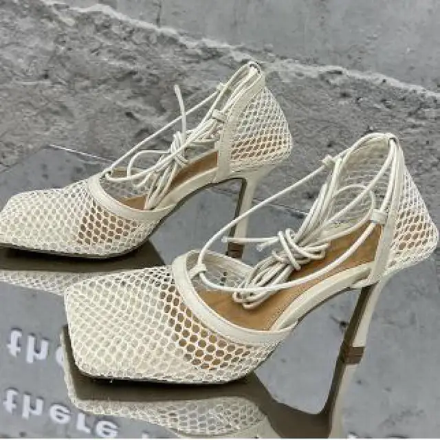 2021 New Sexy Yellow Mesh Pumps Sandals Female Square Toe High Heel Lace Up Cross Tied Stiletto Hollow Dress Shoes Ytmtloy 3