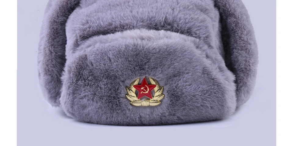 Soviet Badge Ushanka Russian Men Women Winter Hats Faux Rabbit Fur Army Military Bomber Hat Cossack Trapper Earflap Snow Ski Cap bomber trapper hat