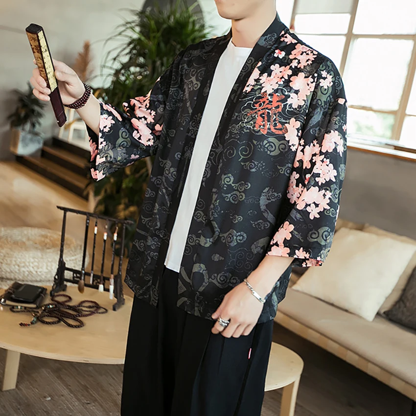Dragon Floral Print Chinese Shirt Crane Top Traditional Chinese Clothes for Men Asian Cardigan Retro Party Costume Plus Tangsuit