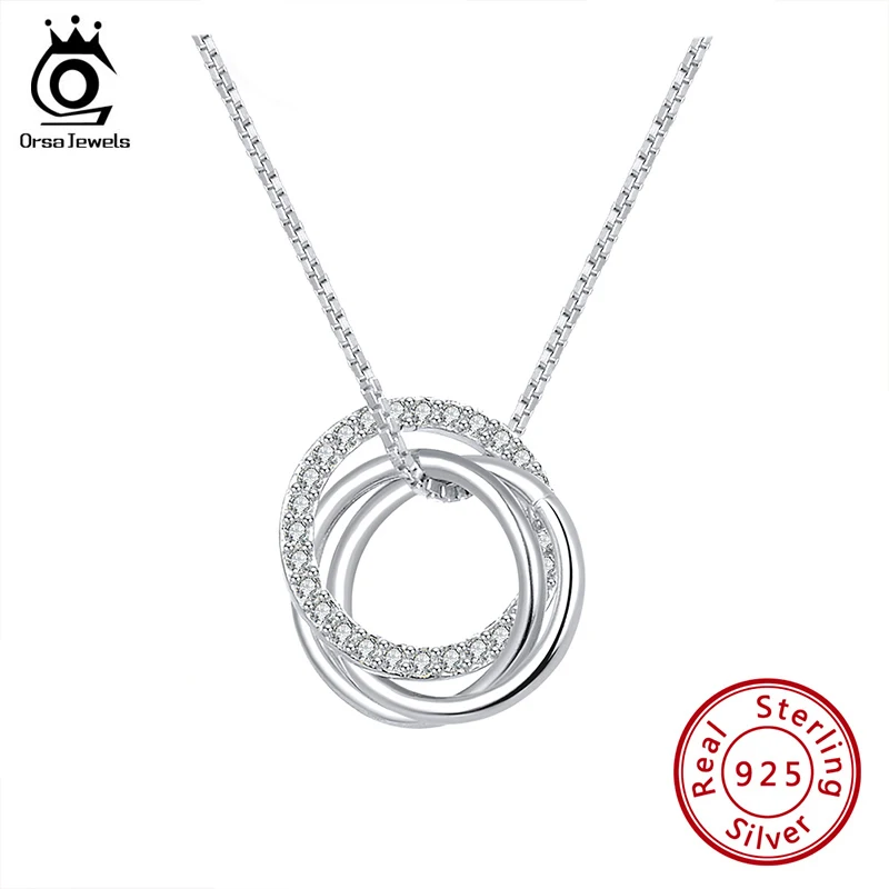 ORSA JEWELS Pure 925 Sterling Silver Pendant Necklace Women Clear AAAA Zircon Combine Circle Fashion Party Gift Jewelry SN175