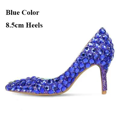 Blue 8cm Heels Ручной Работы Стразы Для женщин Туфли-лодочки зеленого цвета королевский синий усеяны искусственными драгоценными камнями; свадебные туфли 8 см Hing каблук; острый носок; платье Золушки туфли-лодочки для выпускного - Цвет: Blue 8cm Heels