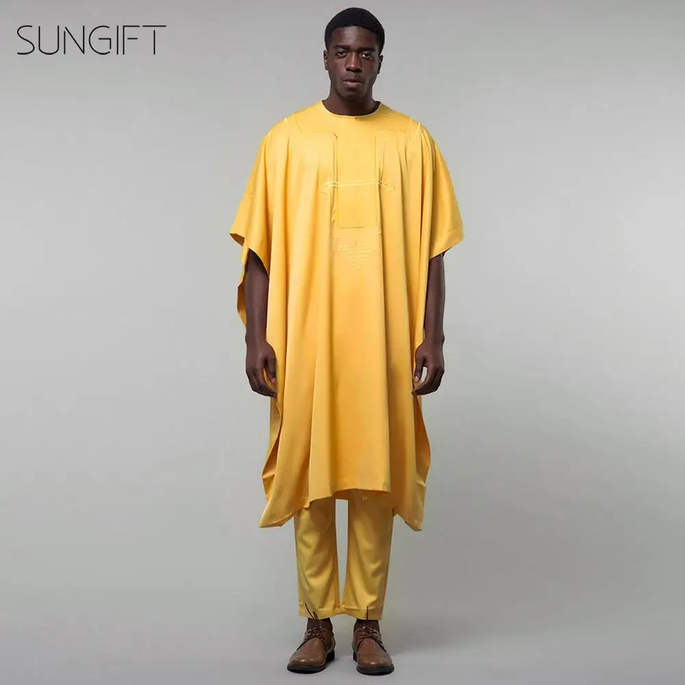 SUNGIFT мужской африканский узор с коротким рукавом Agbada Топ dashiki желтые рубашки и брюки размера плюс удобный костюм 3 шт