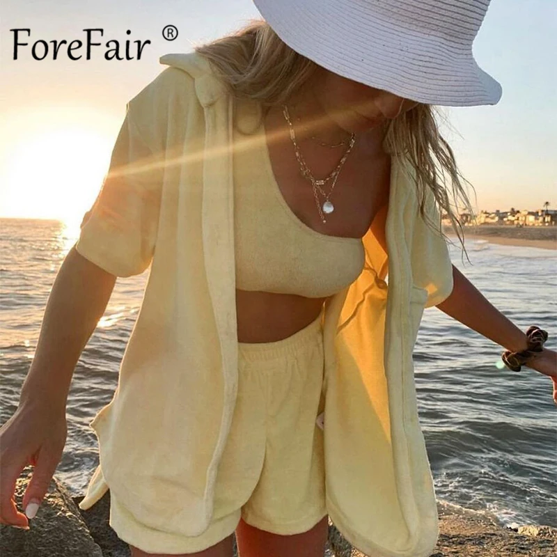 Forefair Towel Shirt and Shorts Summer Sets Velour Fashion 2021 Casual Loose Lounge  Women Two Piece  Sets plus size pant suits for weddings Suits & Blazers