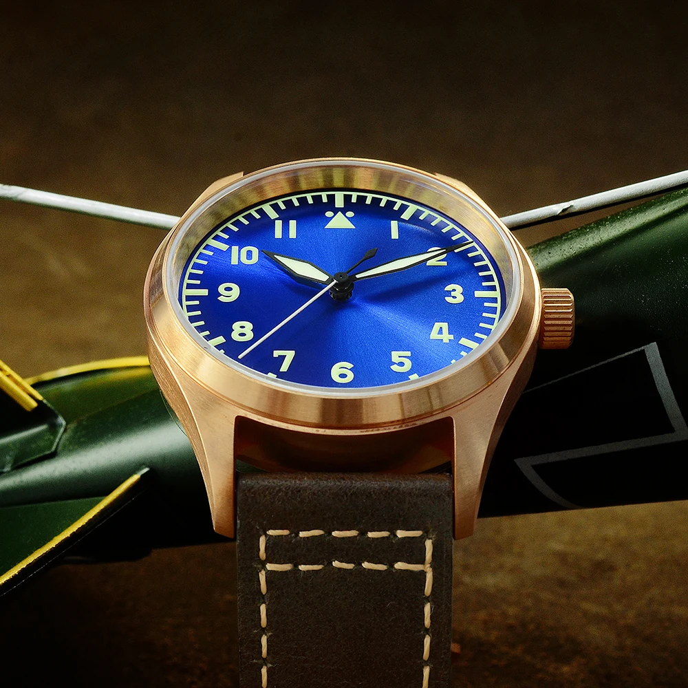 Najtaniej San Martin zegarek brązowy mechaniczny Pilot męski zegarek Luminous wodoodporny skórzany pasek