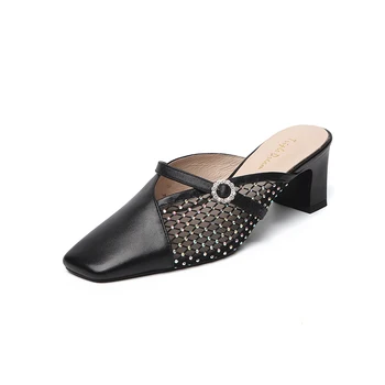 

Genuine leather women slippers high heels summer women shoes elegant ladies party dress shoes size 41 42 43