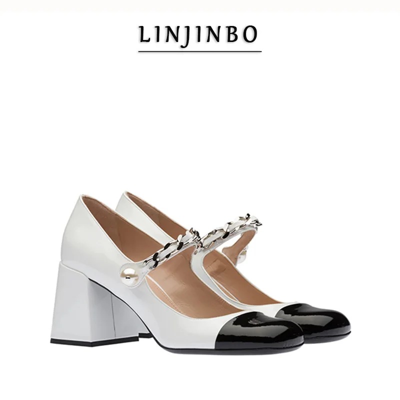 Zapatos Mary Jane de charol con hebilla de perla para mujer, zapatos de tacón alto con cadena de Metal gruesa, a la moda, para fiesta y boda, Primavera/otoño