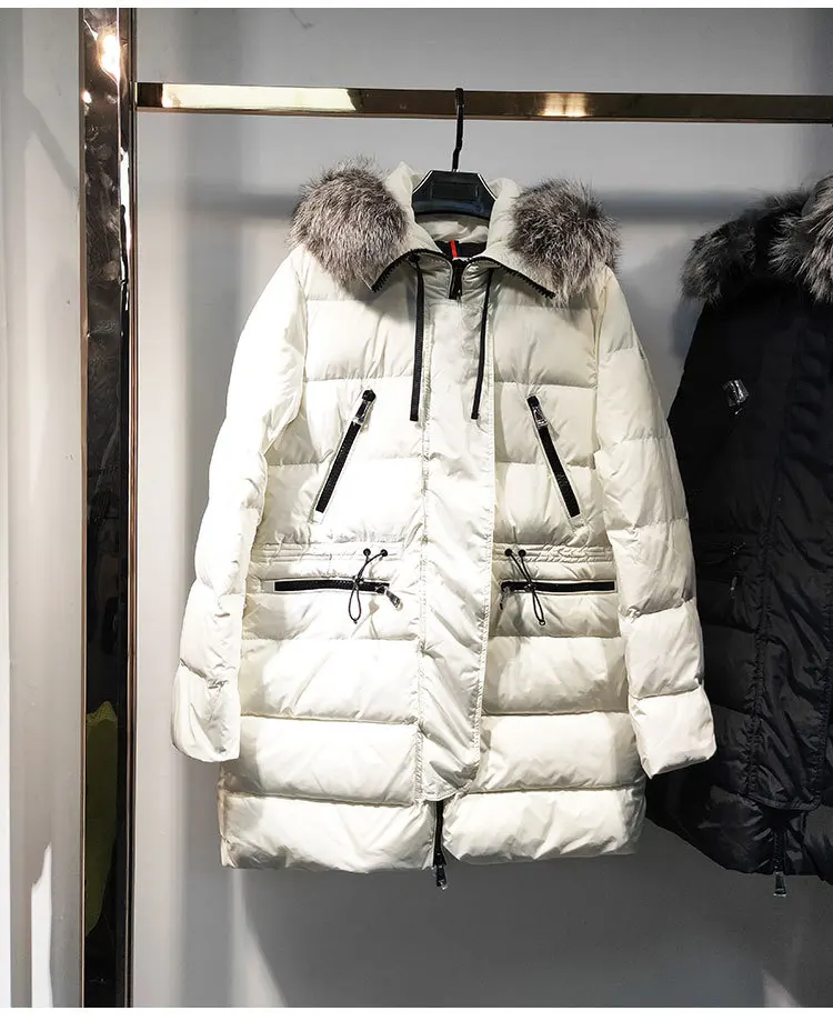 

2019 New Women White Duck Down Long Warm Coat Fur Collar Drawstring Waist Hooded Thick Down Jacket