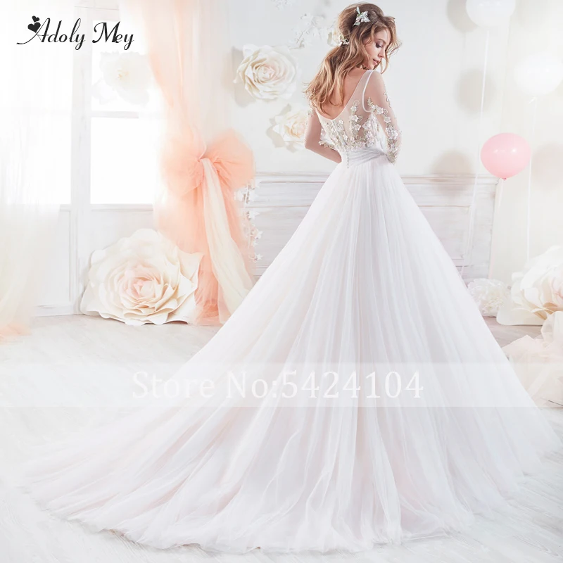 Adoly Mey New Elegant Scoop Neck Appliques Long Sleeve A-Line Wedding Dresses Luxury Beaded Flowers Sweep Train Bridal Gown
