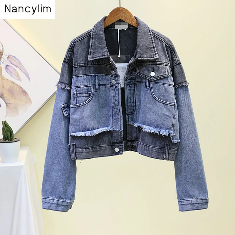 

Denim Jacket Women 2019 Autumn New Korean Loose Bf Contrast Color Stitching High Waist Slim Jacket Lady Jackets Coat Nancylim