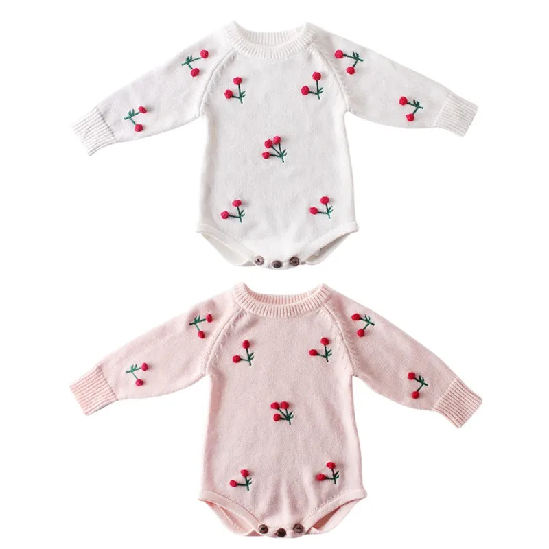 Комбинезон для маленьких девочек; Осенний комбинезон для новорожденных; трикотажная одежда для малышей с длинными рукавами; хлопковый комбинезон с вишенками для малышей; Одежда для девочек