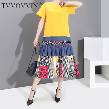 

Loose Women Yellow Pattern Printed Temperament Dress New Round Neck Short Sleeve Loose Fit Fashion Spring Summer 2020 QW020